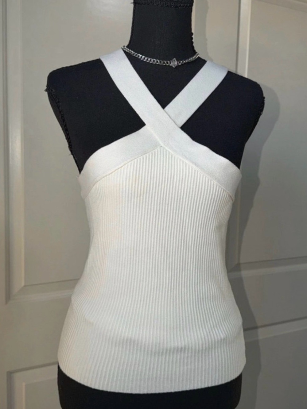 NWT House of Harlow 1960 Off-White Ribbed Halter Tank Top L-Code 1390